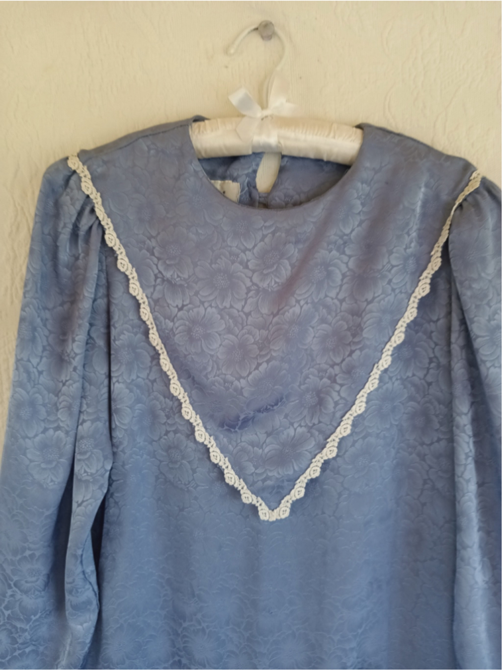 Vintage Jody California Blue Jacquard Drop Waist Dress 80s bib Lace romantic LG - Picture 7 of 12